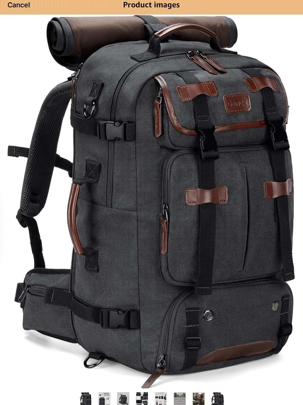 Canvas Travel Backpack for Men - Charcoal with Brown Trim